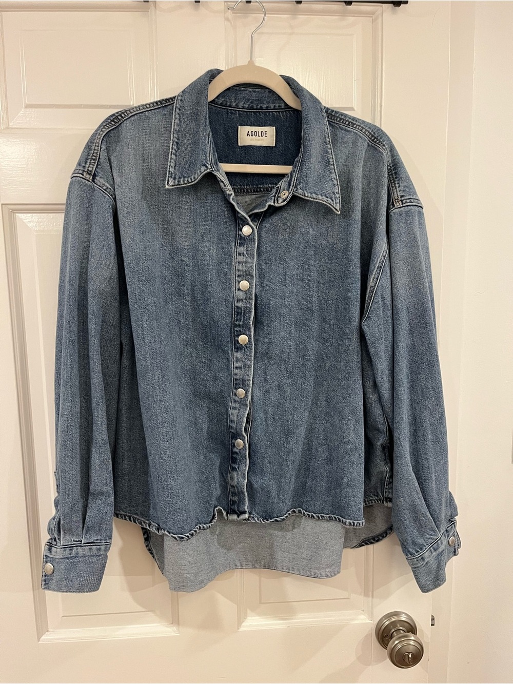 AGOLDE Women's cropped Washed Blue Denim Shirt Jacket